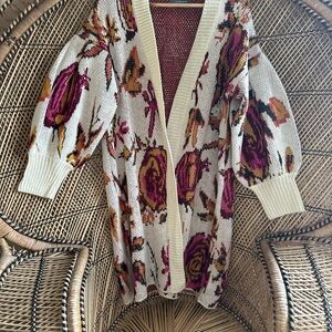 Anthropologie Brooke Floral Knit Cardigan Sweater - Cream and Pink